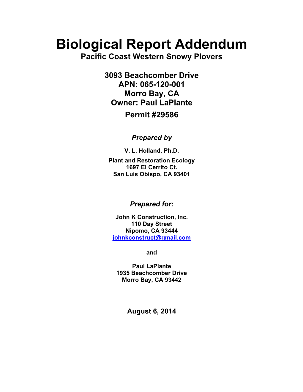 Biological Report Addendum Pacific Coast Western Snowy Plovers 3093