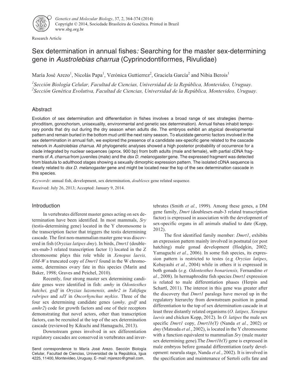 Sex Determination in Annual Fishes: Searching for the Master Sex-Determining Gene in Austrolebias Charrua (Cyprinodontiformes, Rivulidae)