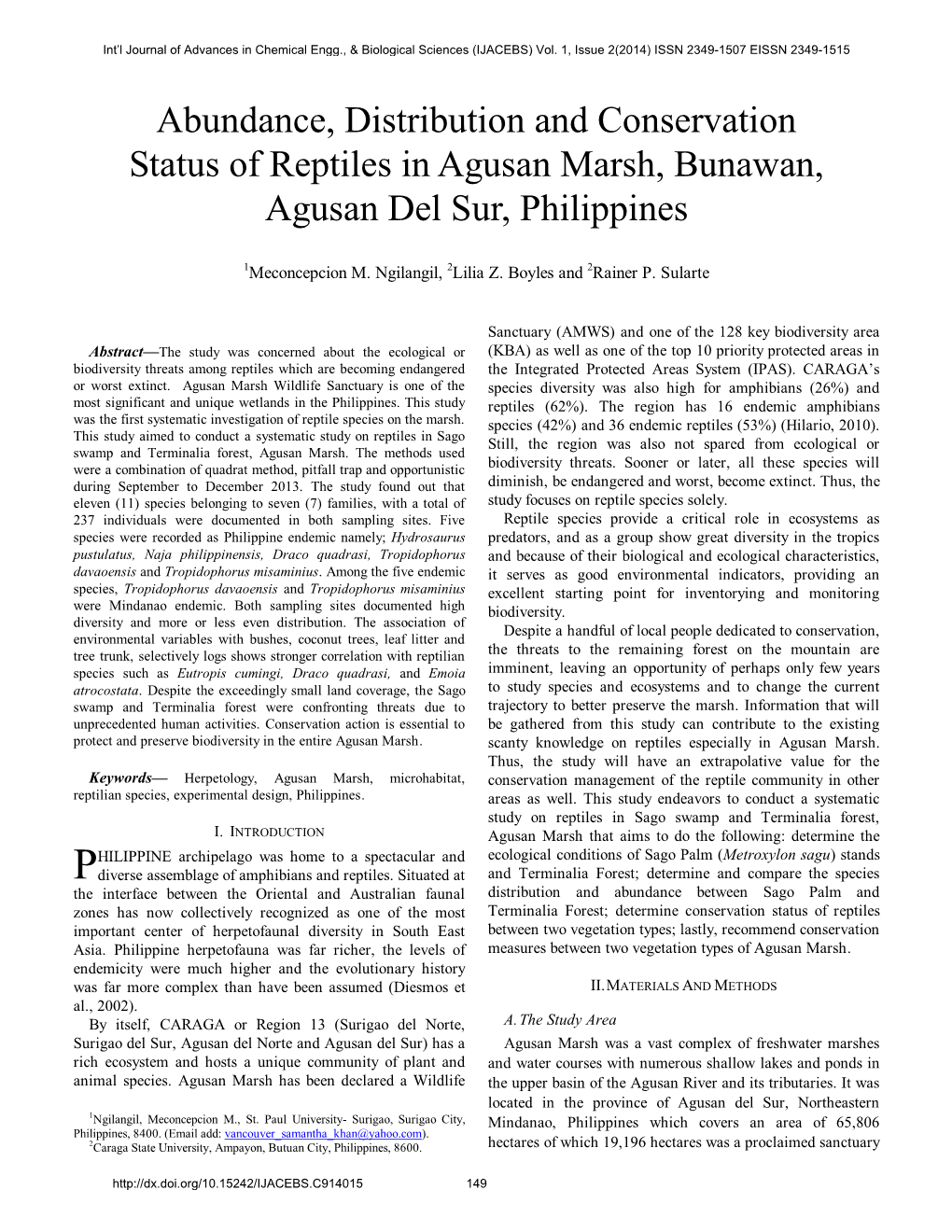 Abundance, Distribution and Conservation Status of Reptiles in Agusan Marsh, Bunawan, Agusan Del Sur, Philippines