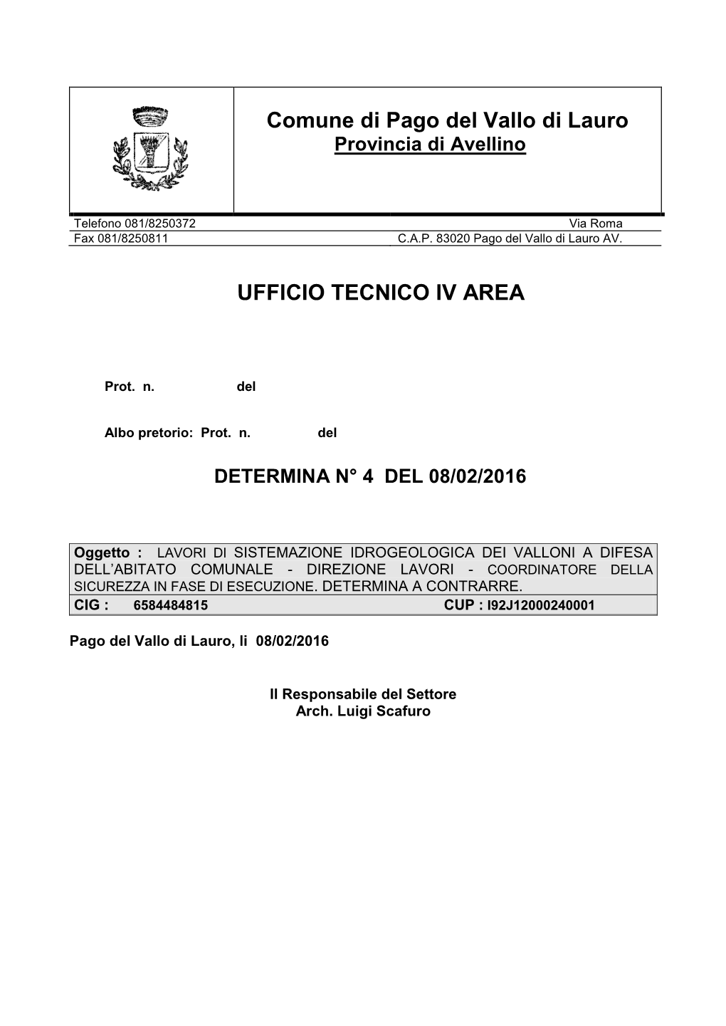 Comune Di Pago Del Vallo Di Lauro UFFICIO TECNICO IV AREA