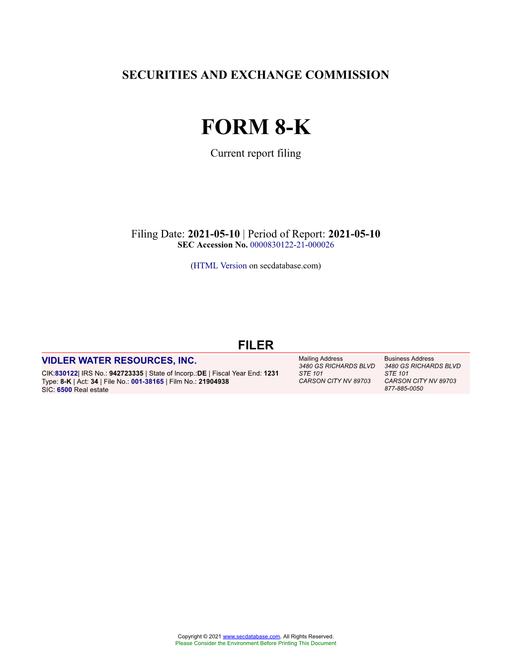 VIDLER WATER RESOURCES, INC. Form 8-K