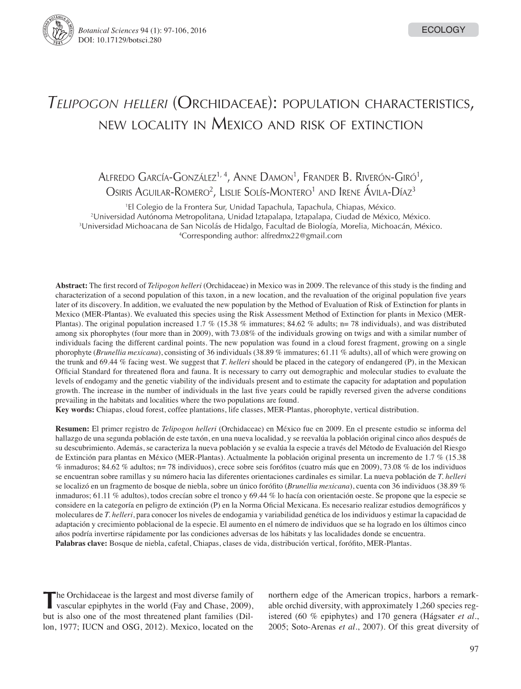 Telipogon Helleri (Orchidaceae): Population Characteristics, New Locality in Mexico and Risk of Extinction