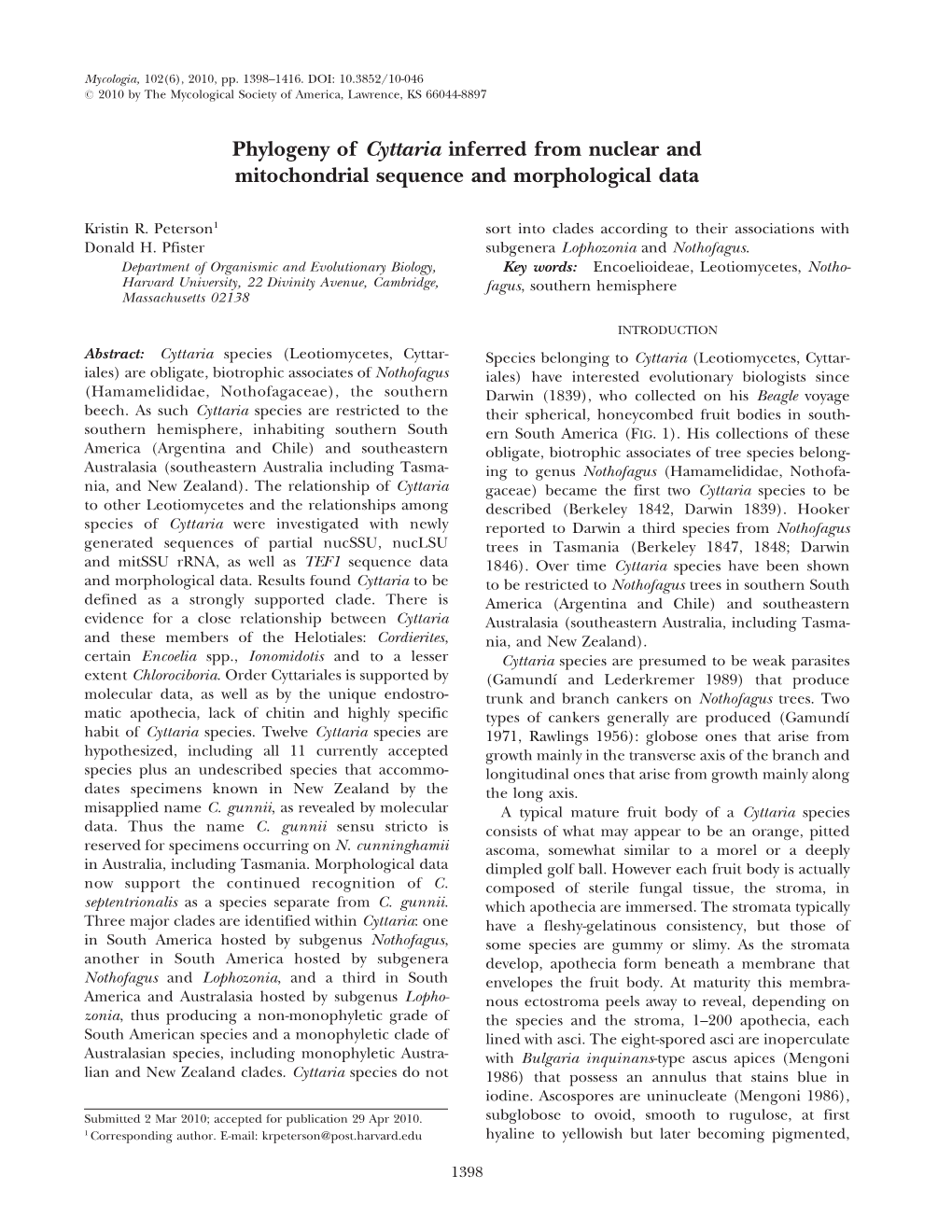 Phylogeny of Cyttaria Inferred from Nuclear and Mitochondrial Sequence and Morphological Data