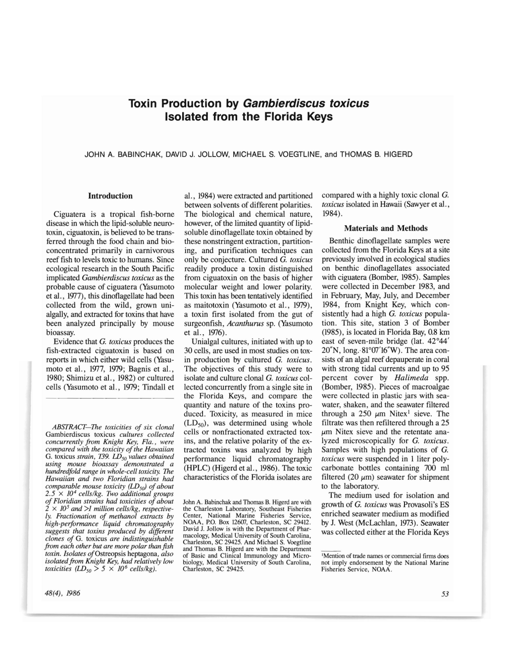 Toxin Production by Gambierdiscus Toxicus Isolated from the Florida Keys