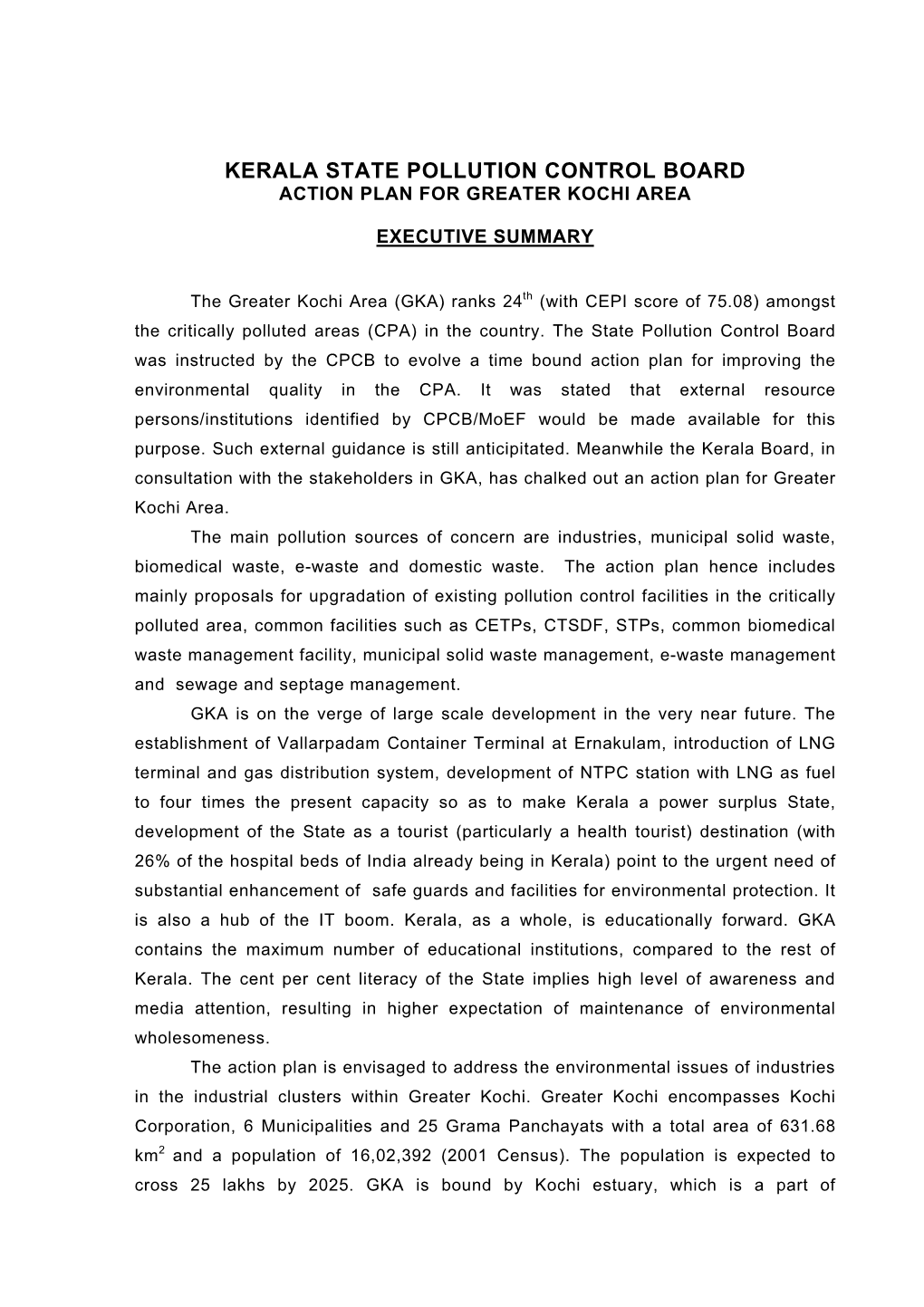 Kerala State Pollution Control Board Action Plan for Greater Kochi Area