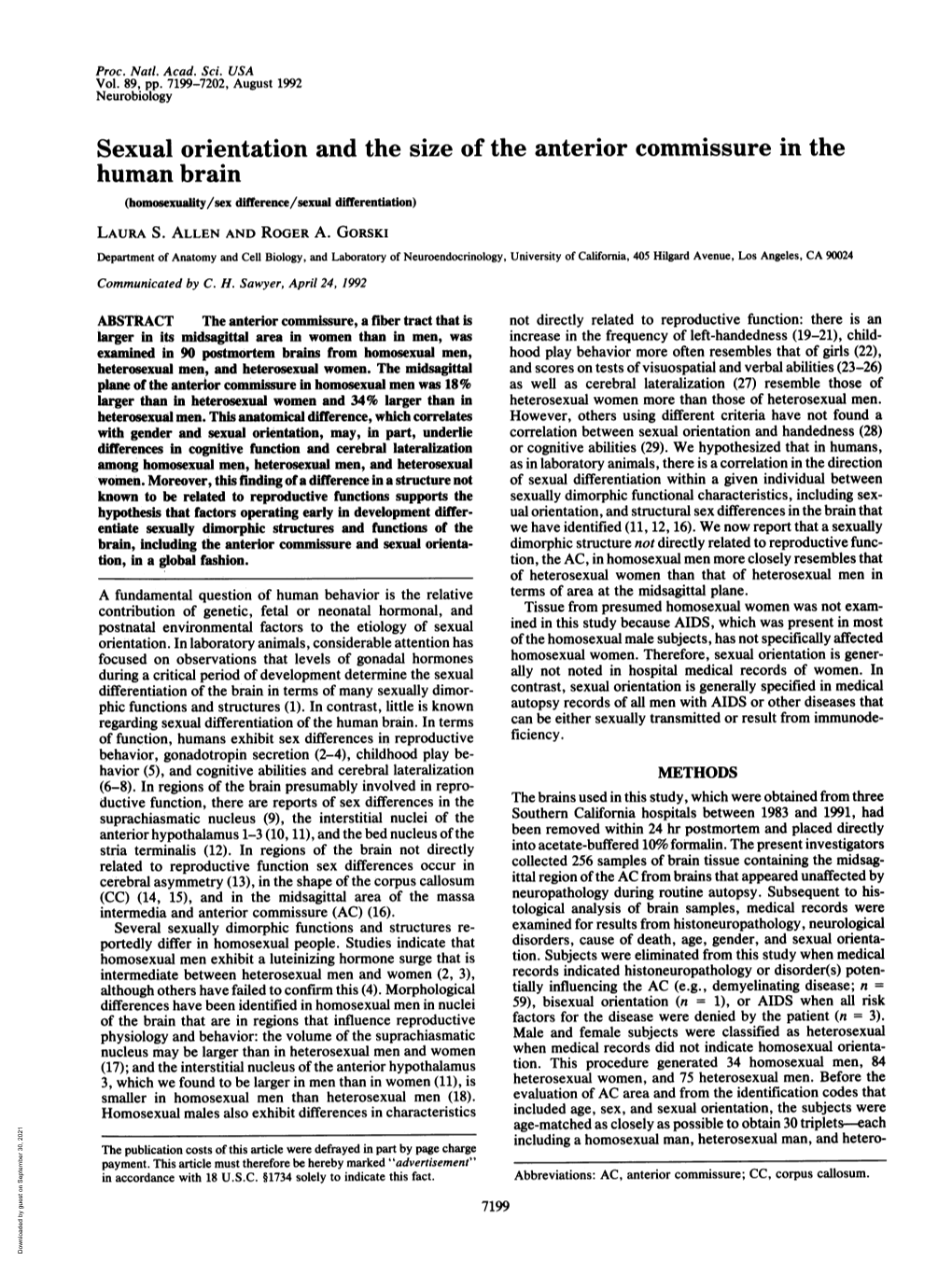 Sexual Orientation and the Size of the Anterior Commissure in the Human Brain (Homosexuality/Sex Difference/Sexual Differentiation) LAURA S