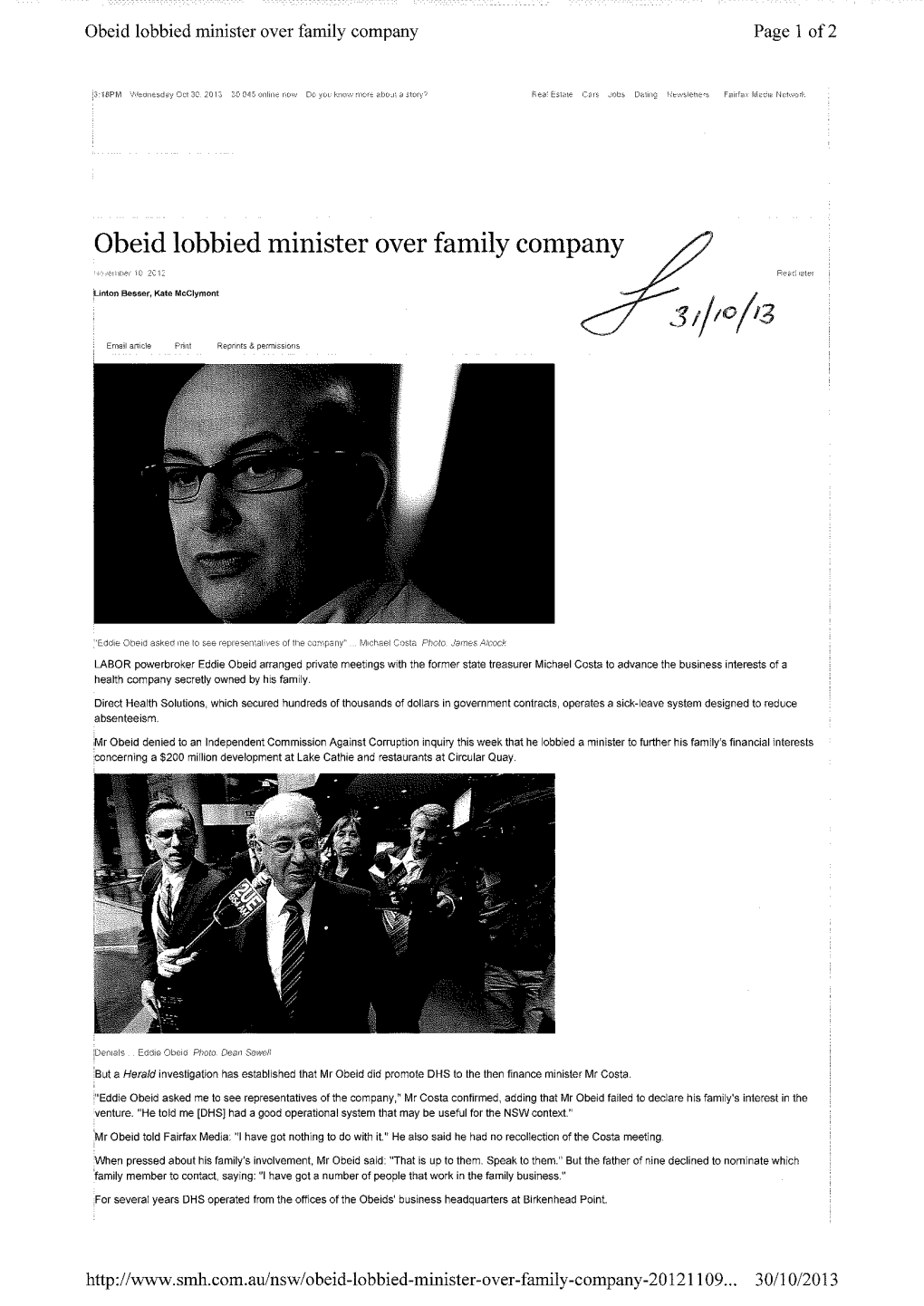 Obeid Lobbied Minister Over Family Company Page 1 Of2