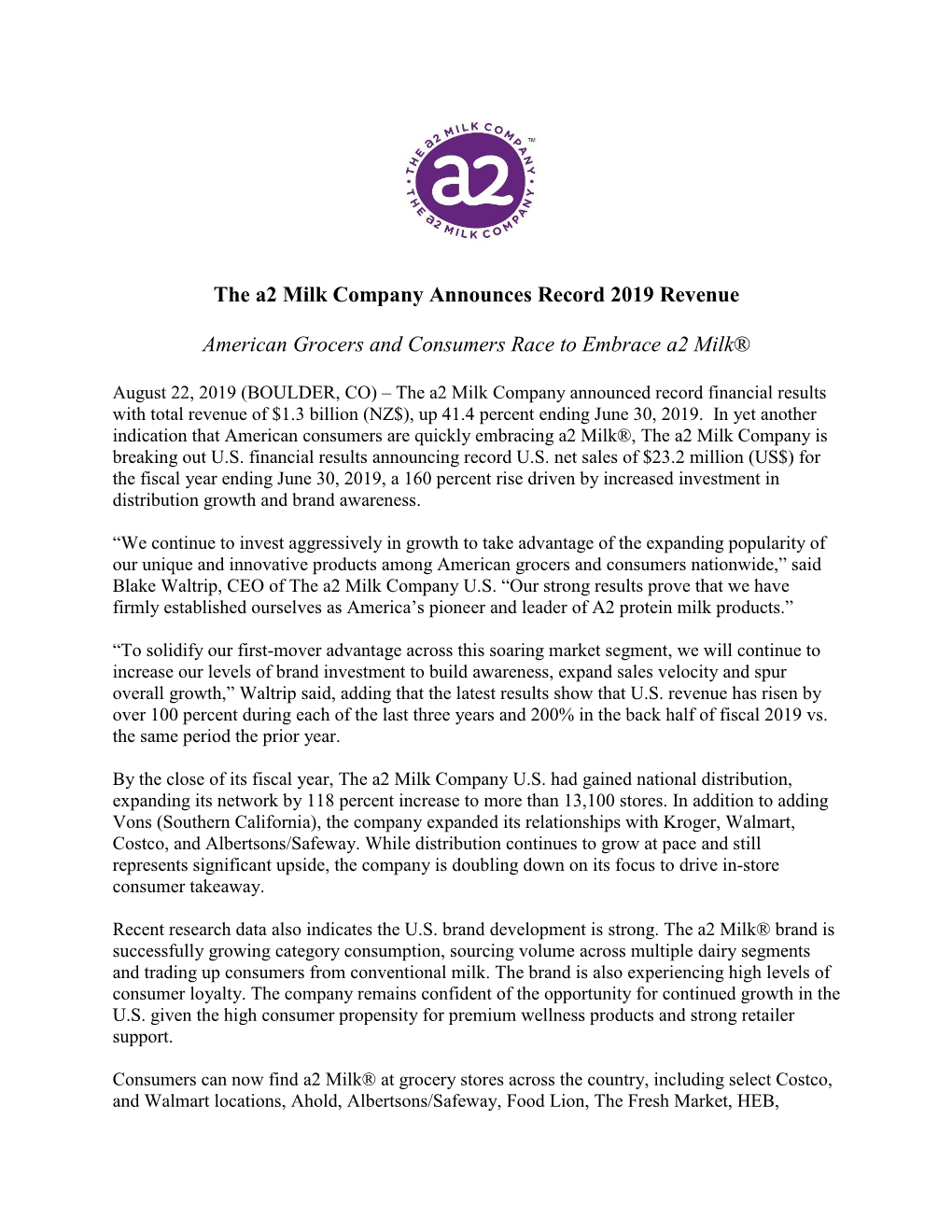 The A2 Milk Company Announces Record 2019 Revenue