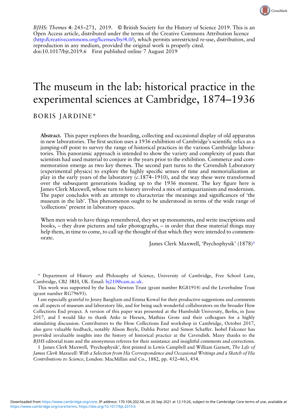 The Museum in the Lab: Historical Practice in the Experimental Sciences at Cambridge, 1874–1936