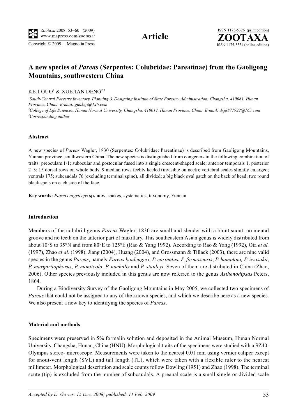 Zootaxa, a New Species of Pareas (Serpentes: Colubridae: Pareatinae) from the Gaoligong