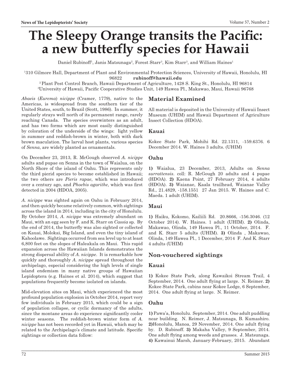 The Sleepy Orange Transits the Paciàc: a New Butteráy Species for Hawaii