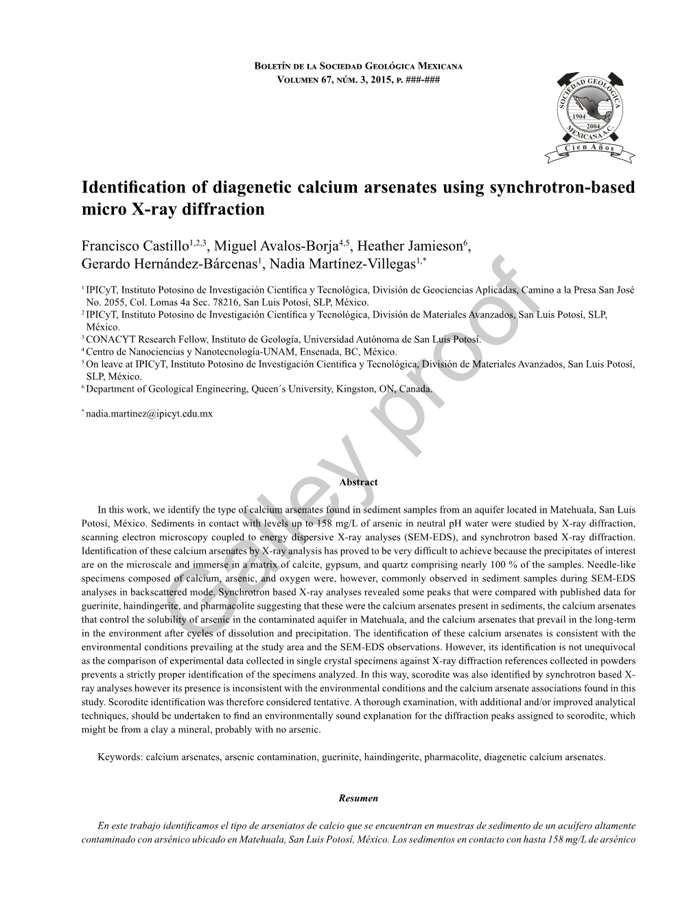 Identification of Diagenetic Calcium Arsenates Using Synchrotron-Based Micro X-Ray Diffraction