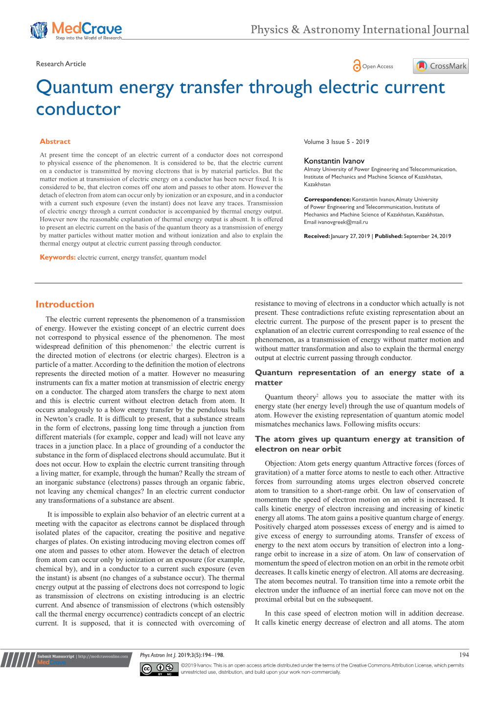 Quantum Energy Transfer Through Electric Current Conductor;