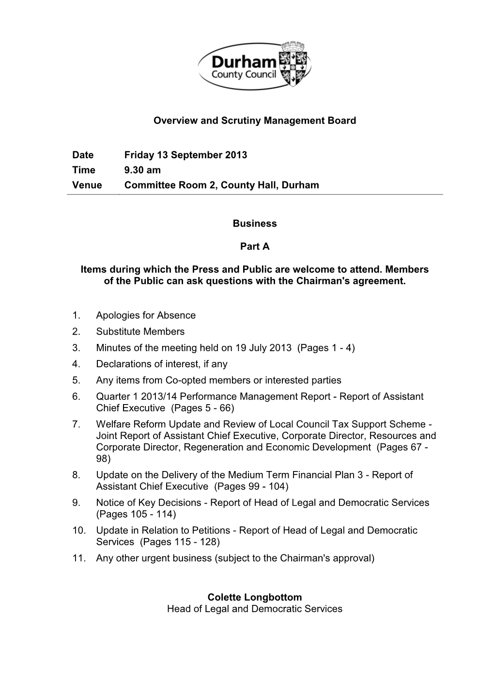 Overview and Scrutiny Management Board Date Friday 13 September