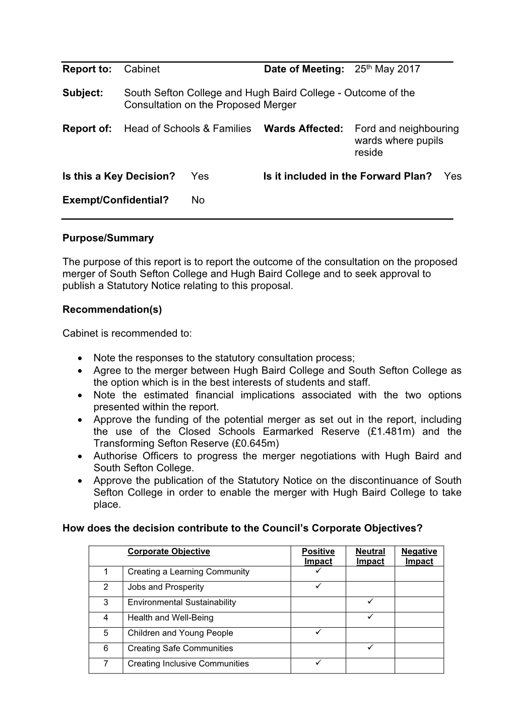 South Sefton College and Hugh Baird College - Outcome of the Consultation on the Proposed Merger