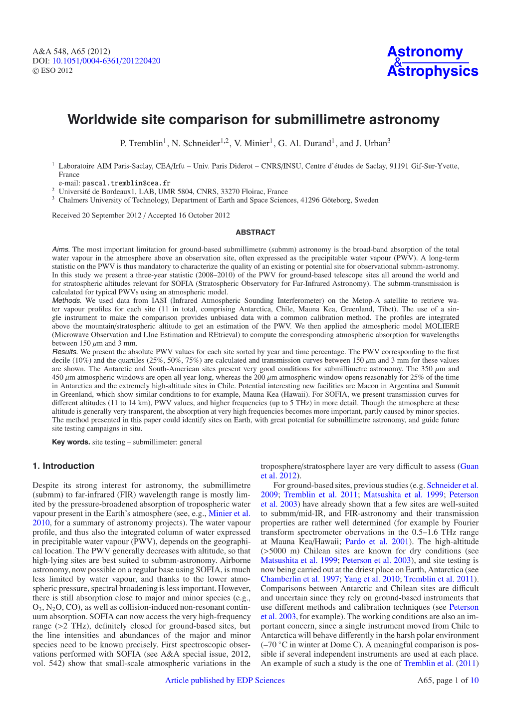 Worldwide Site Comparison for Submillimetre Astronomy