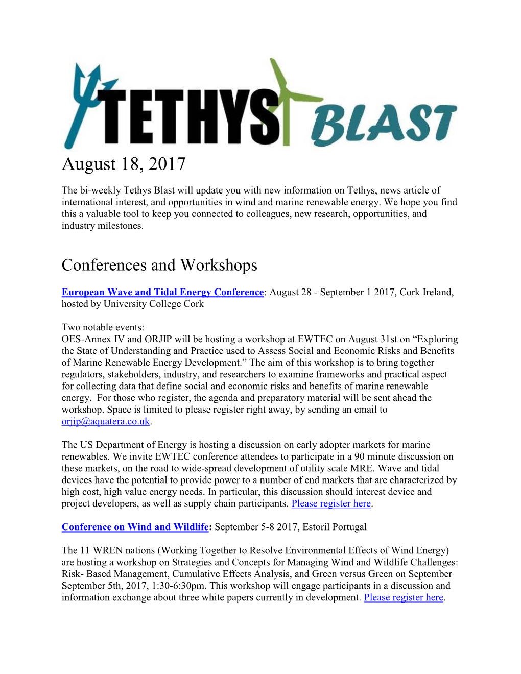 Tethys Blast Will Update You with New Information on Tethys, News Article of International Interest, and Opportunities in Wind and Marine Renewable Energy