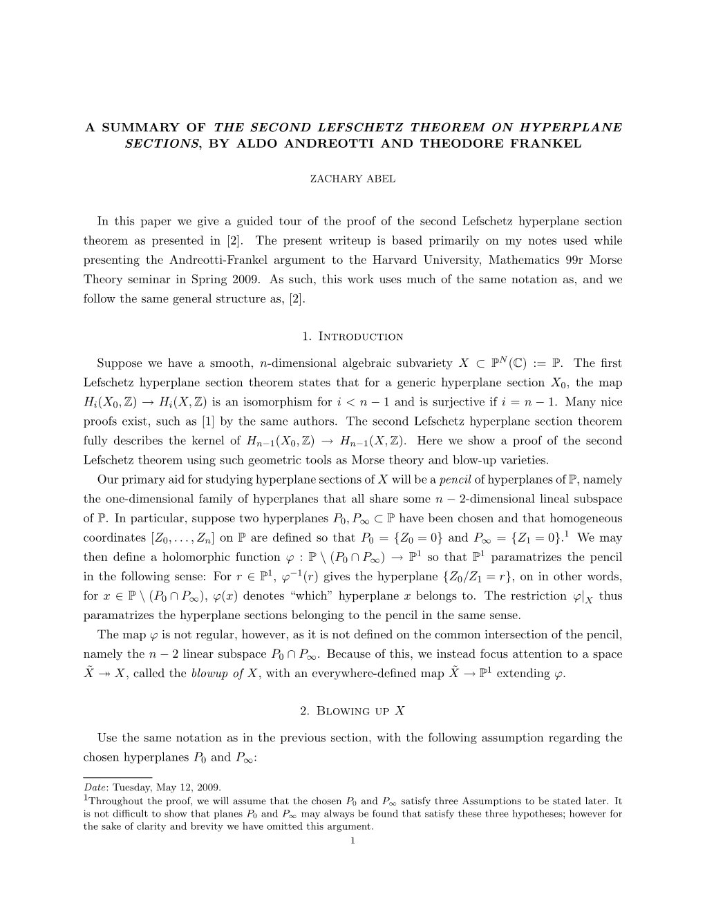 A Summary of the Second Lefschetz Theorem on Hyperplane Sections, by Aldo Andreotti and Theodore Frankel