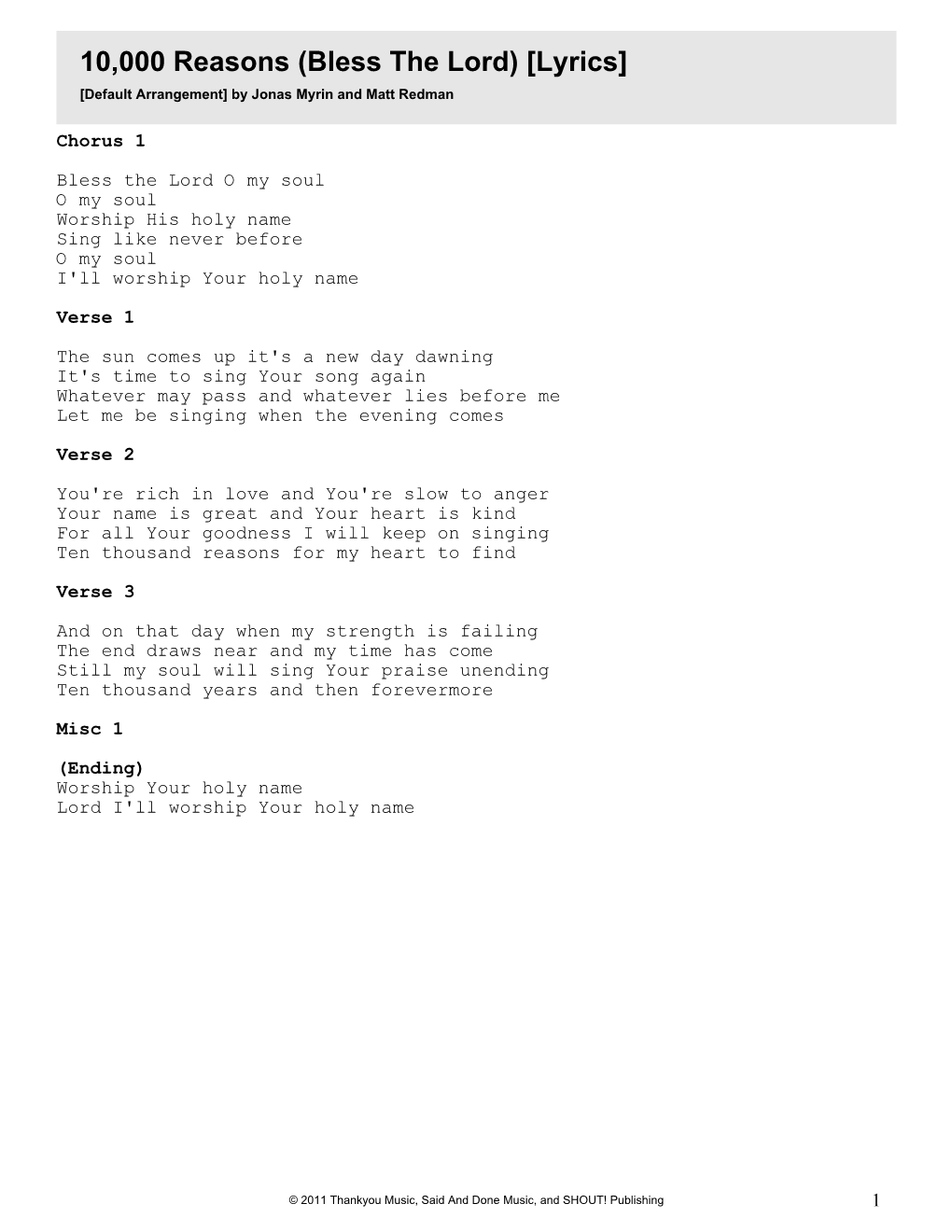 10,000 Reasons (Bless the Lord) [Lyrics] [Default Arrangement] by Jonas Myrin and Matt Redman
