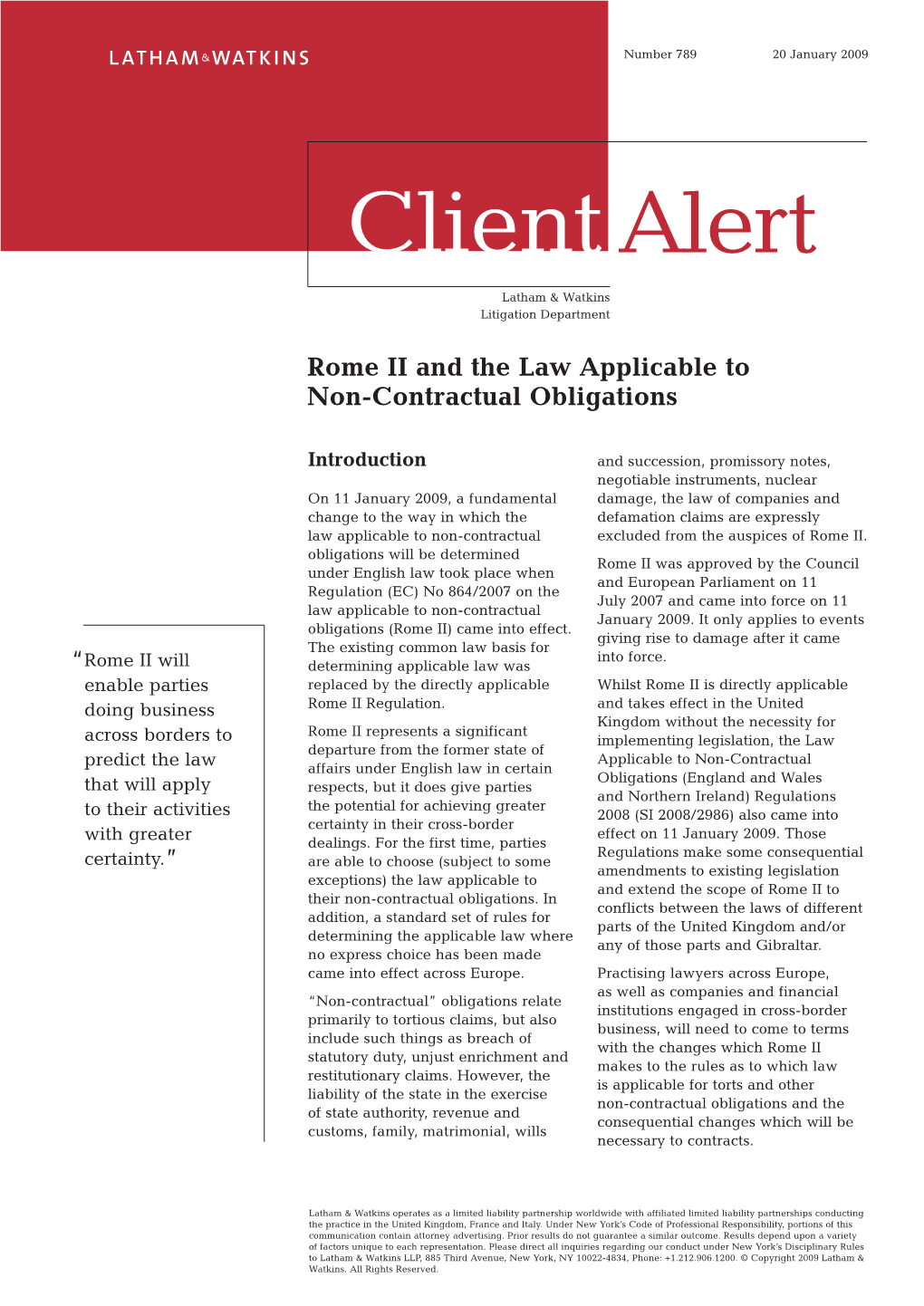 Rome II and the Law Applicable to Non-Contractual Obligations