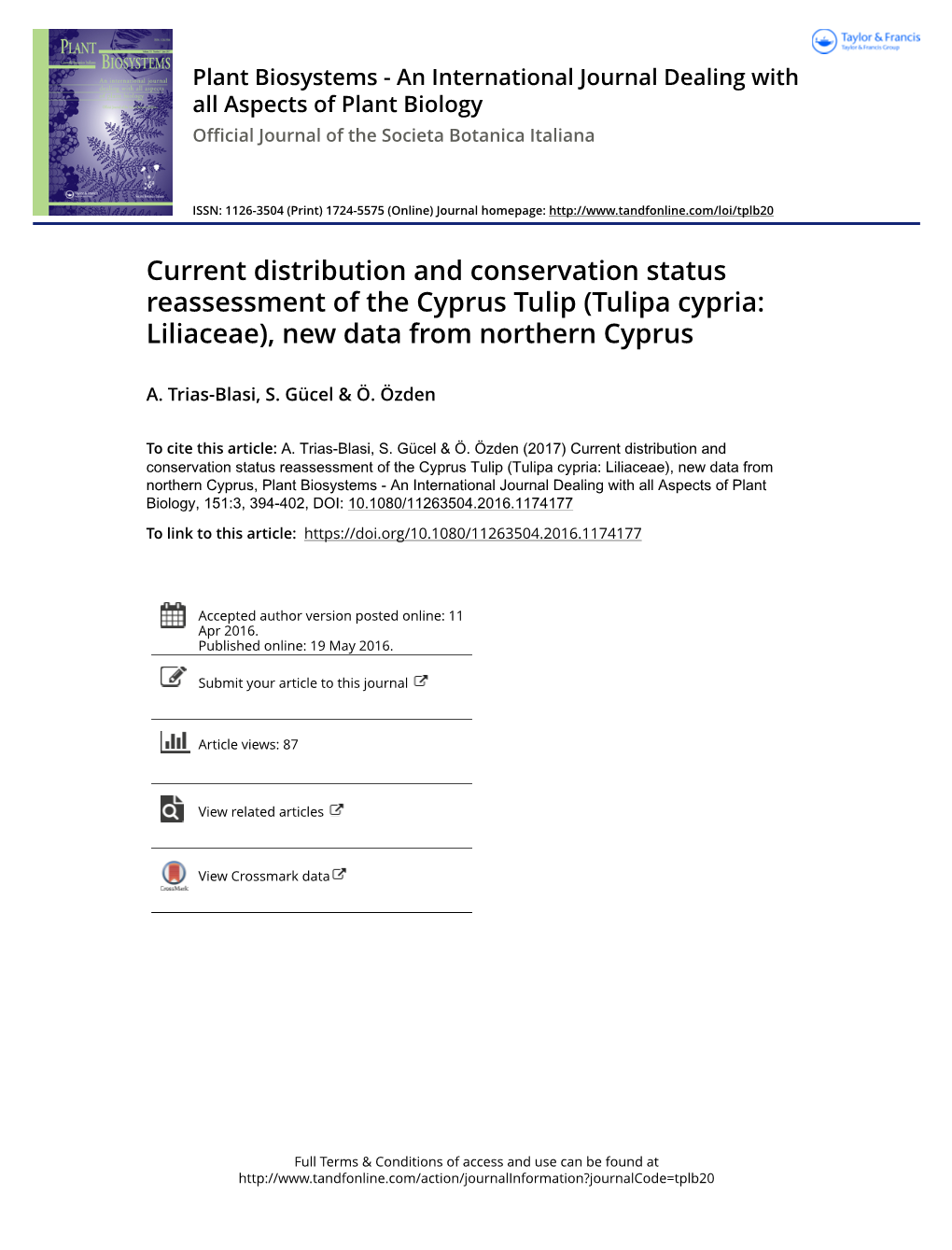 Current Distribution and Conservation Status Reassessment of the Cyprus Tulip (Tulipa Cypria: Liliaceae), New Data from Northern Cyprus