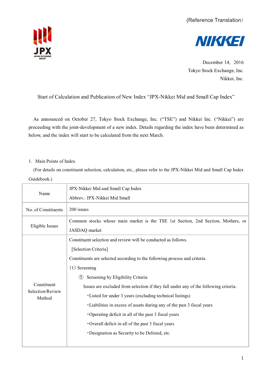 Of Calculation and Publication of New Index “JPX-Nikkei Mid and Small Cap Index”