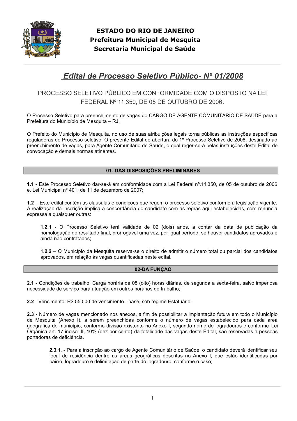 Edital De Processo Seletivo Público- Nº 01/2008
