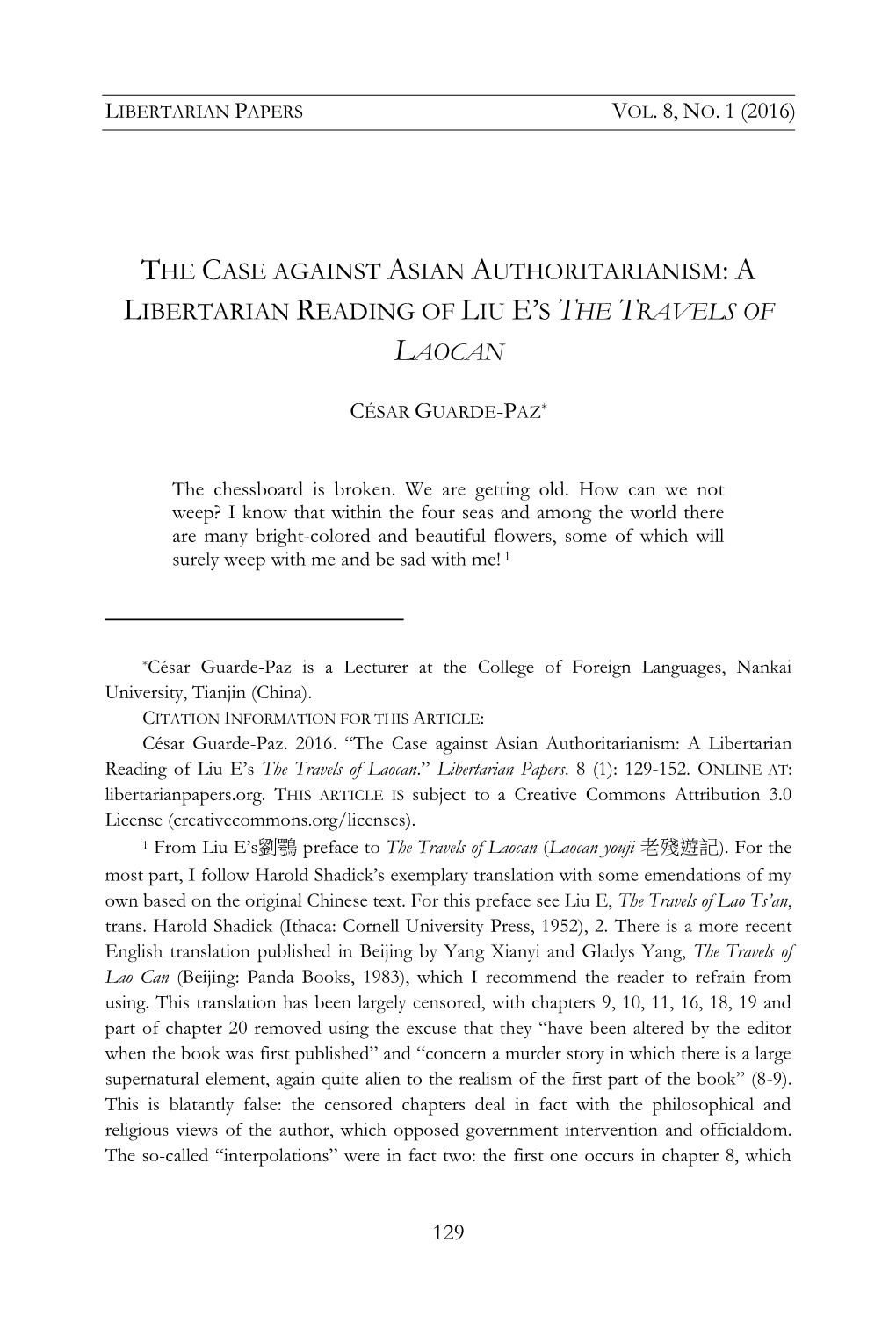 The Case Against Asian Authoritarianism: a Libertarian Reading of Liu E's the Travels of Laocan