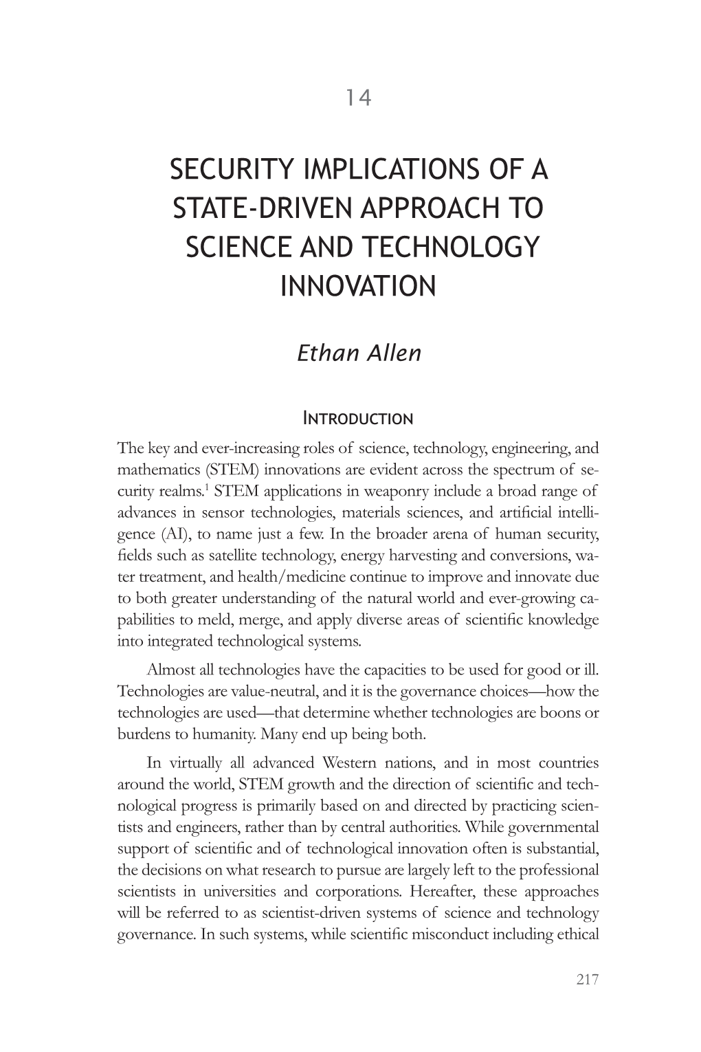 Security Implications of a State-Driven Approach to Science and Technology Innovation