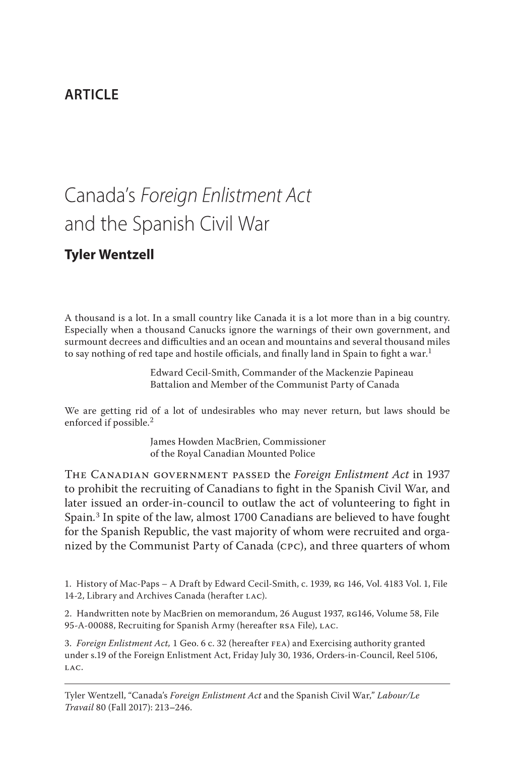 Canada's Foreign Enlistment Act and the Spanish Civil
