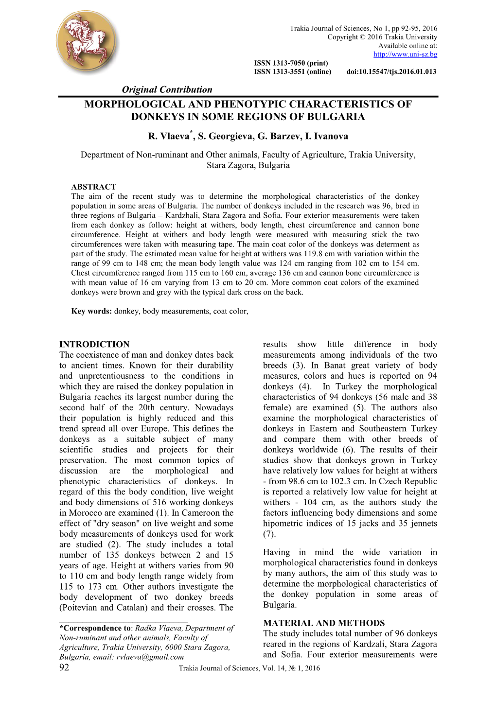 Morphological and Phenotypic Characteristics of Donkeys in Some Regions of Bulgaria