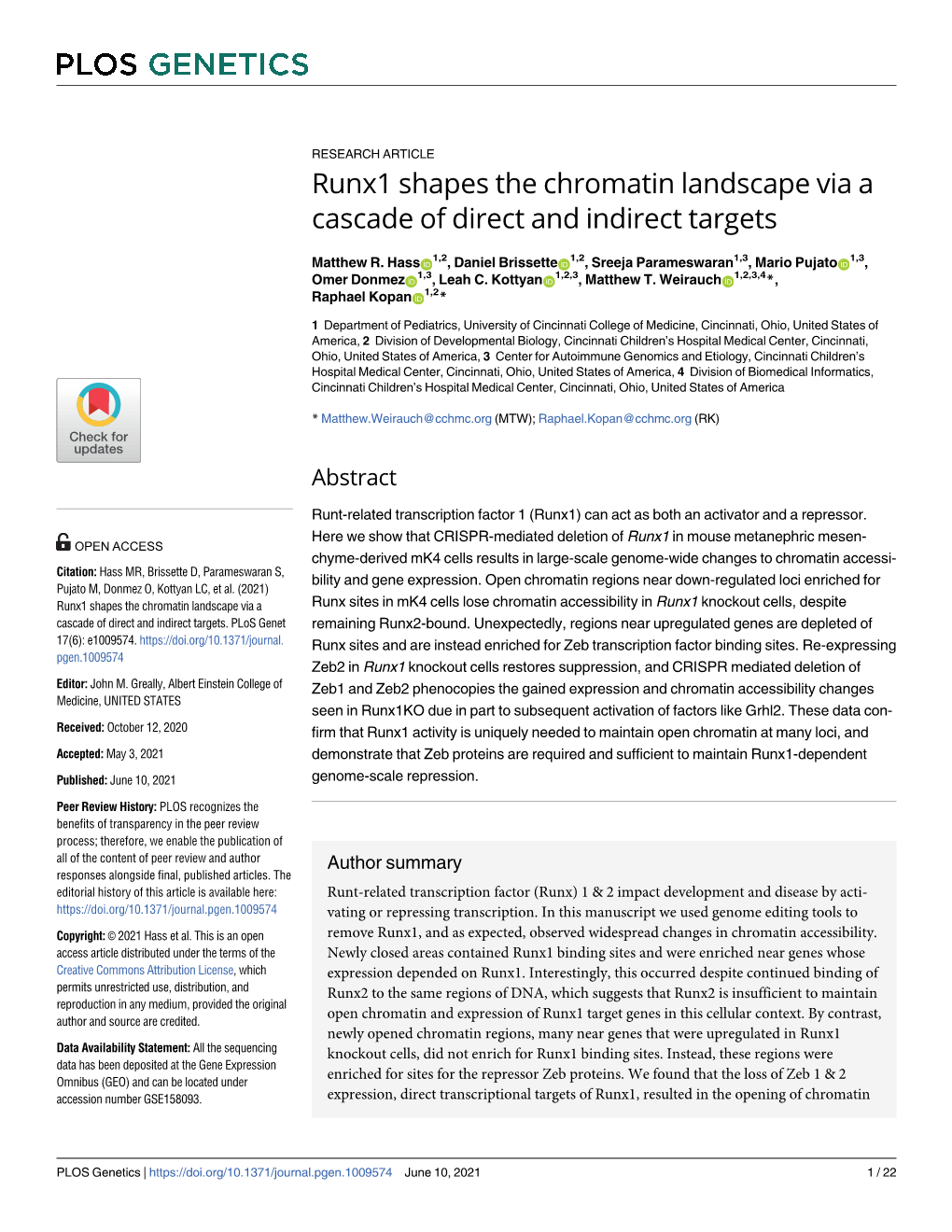 Runx1 Shapes the Chromatin Landscape Via a Cascade of Direct and Indirect Targets