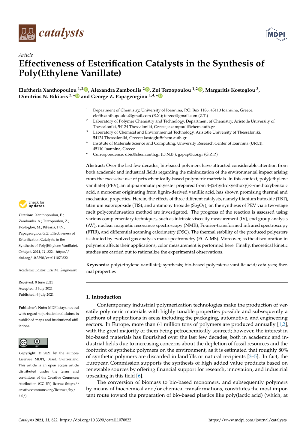 Effectiveness of Esterification Catalysts in the Synthesis of Poly