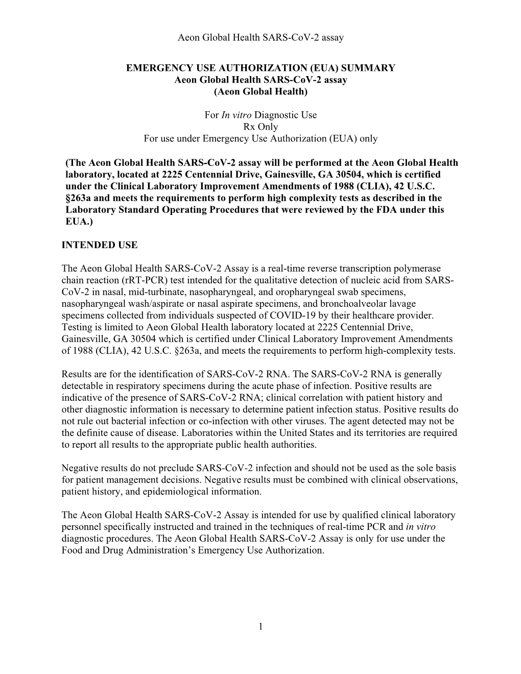 Aeon Global Health SARS-Cov-2 Assay