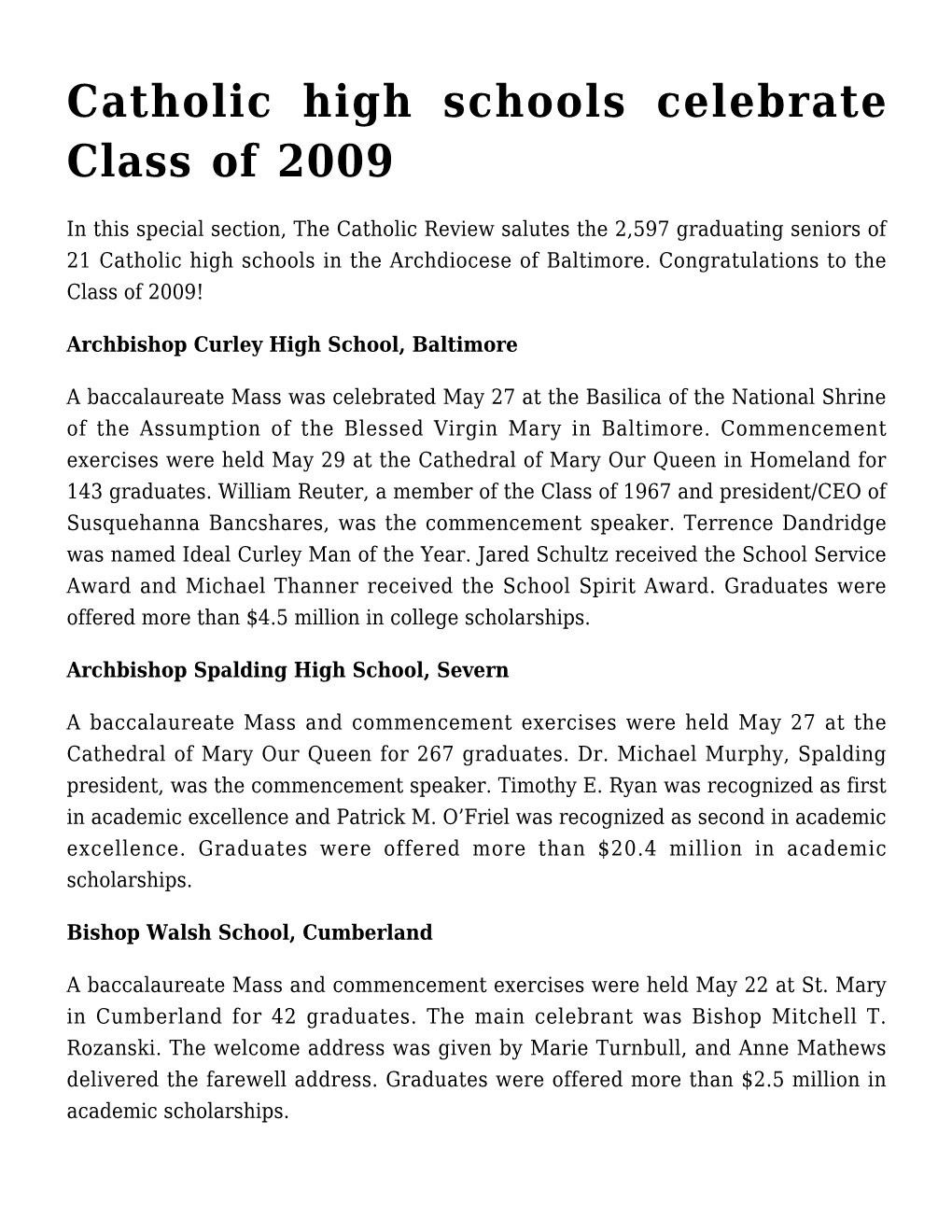 Catholic High Schools Celebrate Class of 2009