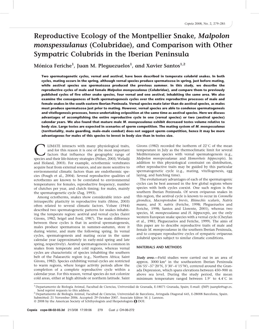 Reproductive Ecology of the Montpellier Snake, Malpolon Monspessulanus (Colubridae), and Comparison with Other Sympatric Colubrids in the Iberian Peninsula