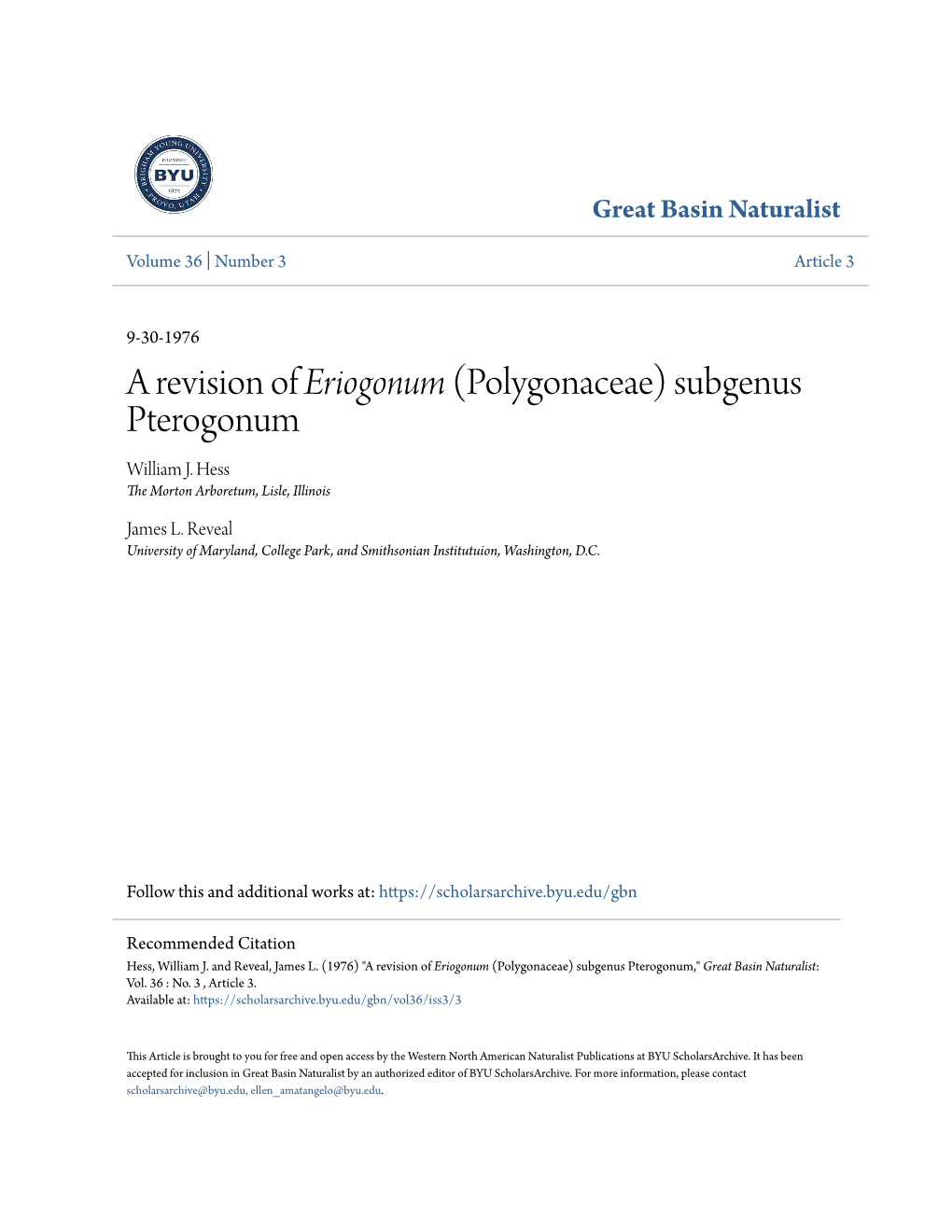 A Revision of Eriogonum (Polygonaceae) Subgenus Pterogonum William J