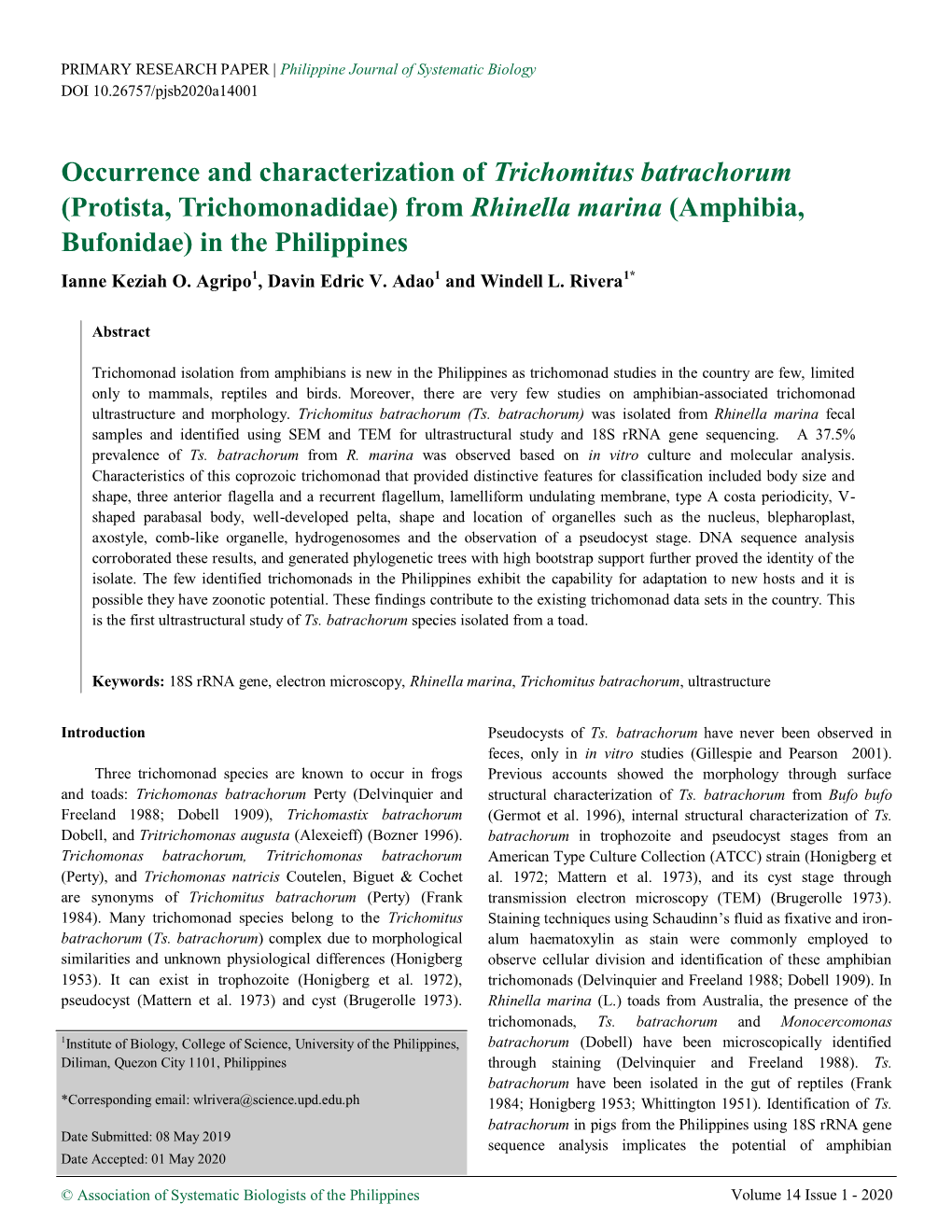 (Protista, Trichomonadidae) from Rhinella Marina (Amphibia, Bufonidae) in the Philippines Ianne Keziah O