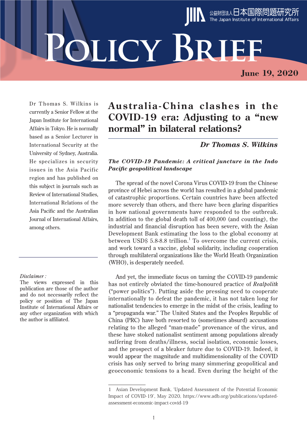 Australia-China Clashes in the COVID-19