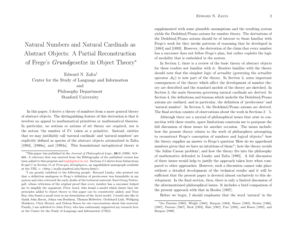 Natural Numbers and Natural Cardinals As Abstract Objects: a Partial Reconstruction of Frege's Grundgesetze in Object Theory