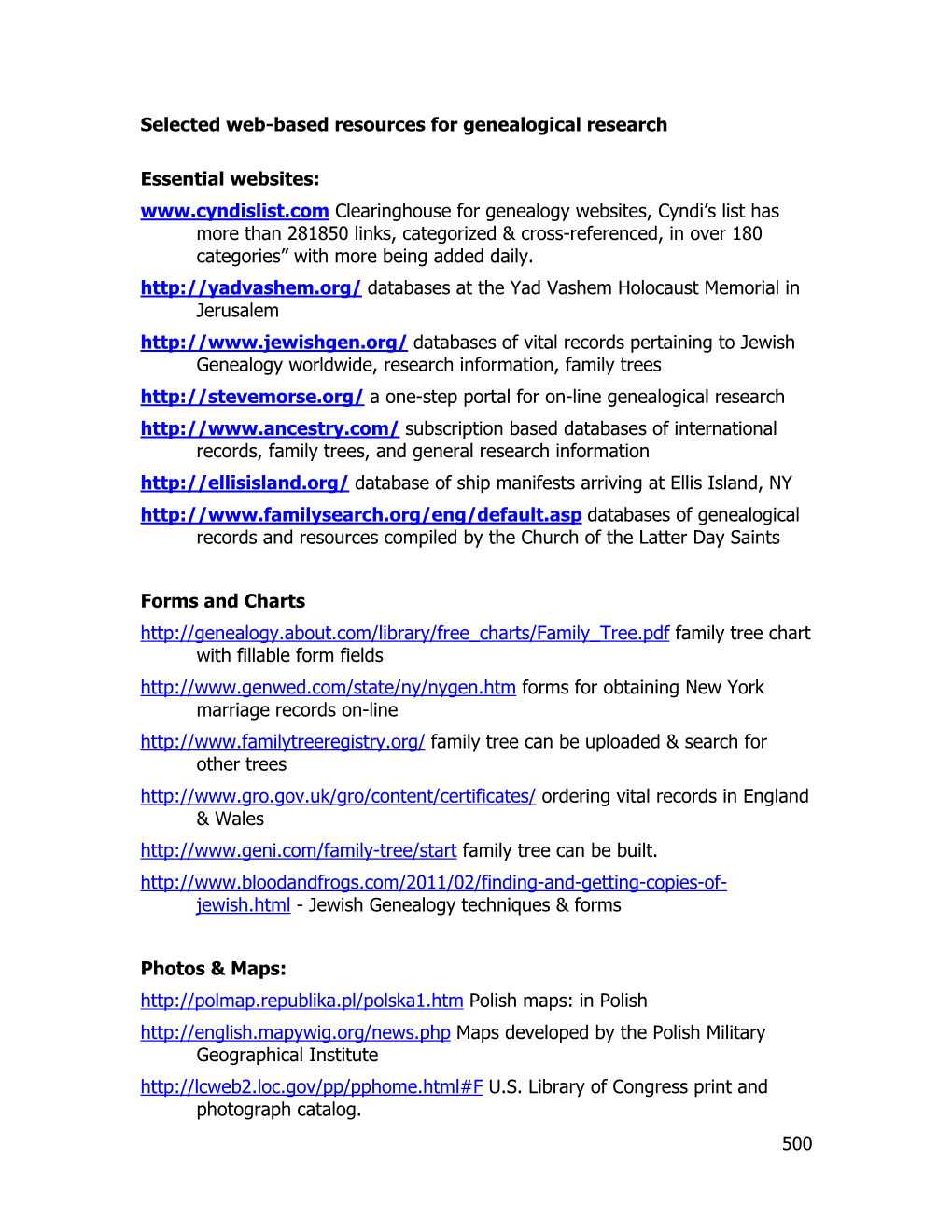 500 Selected Web-Based Resources for Genealogical