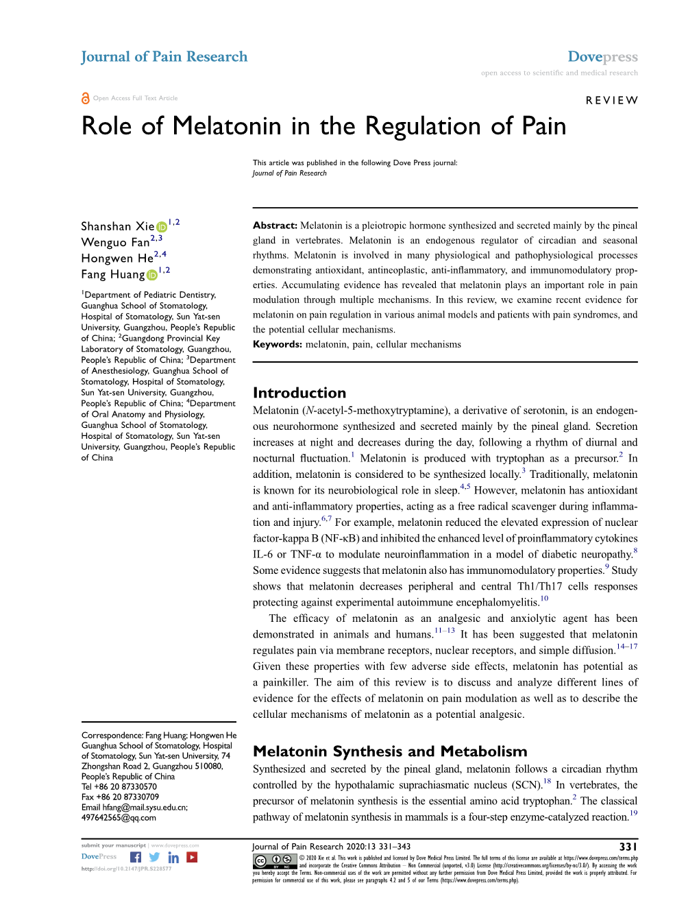 Role of Melatonin in the Regulation of Pain