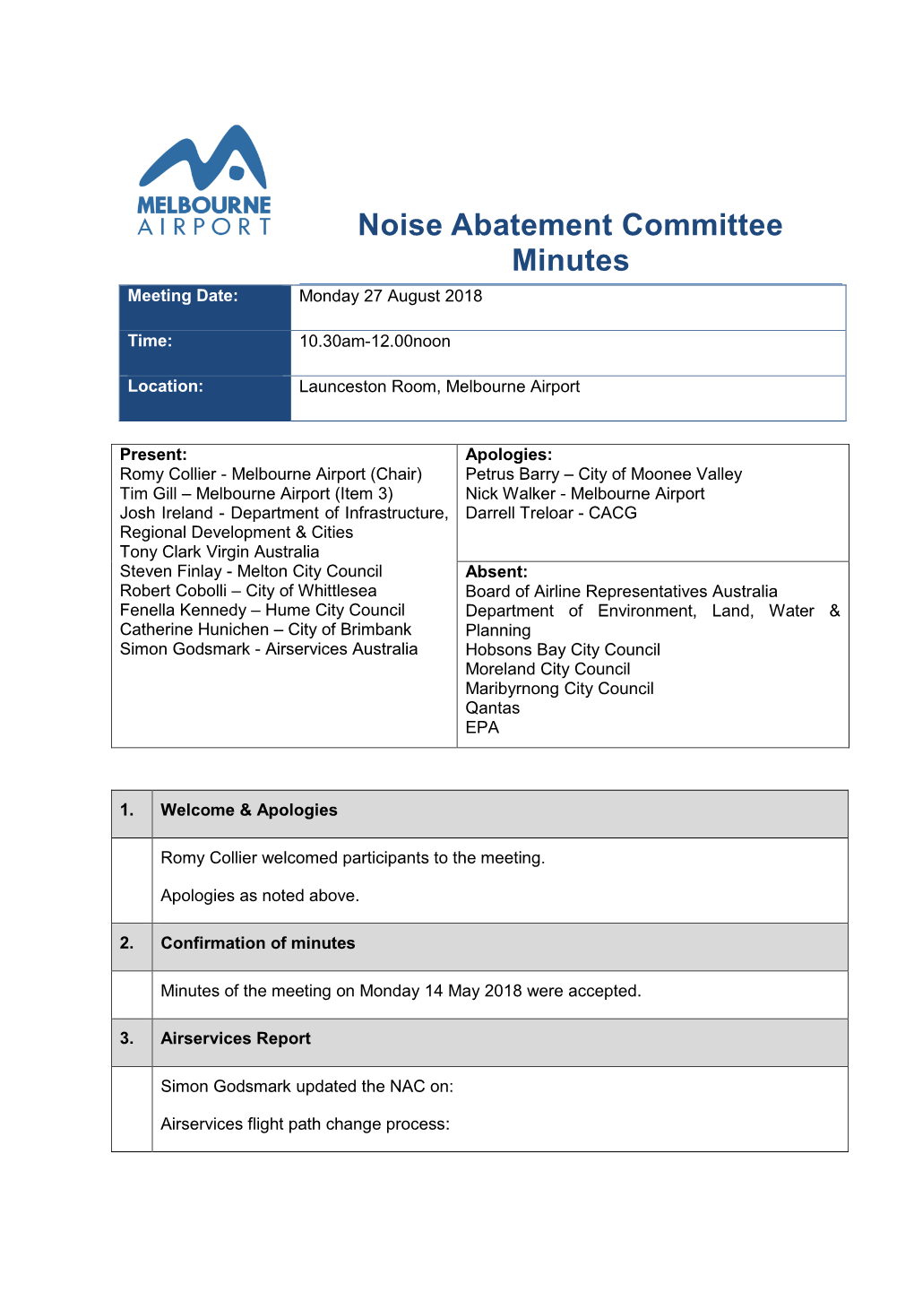Noise Abatement Committee Minutes Meeting Date: Monday 27 August 2018