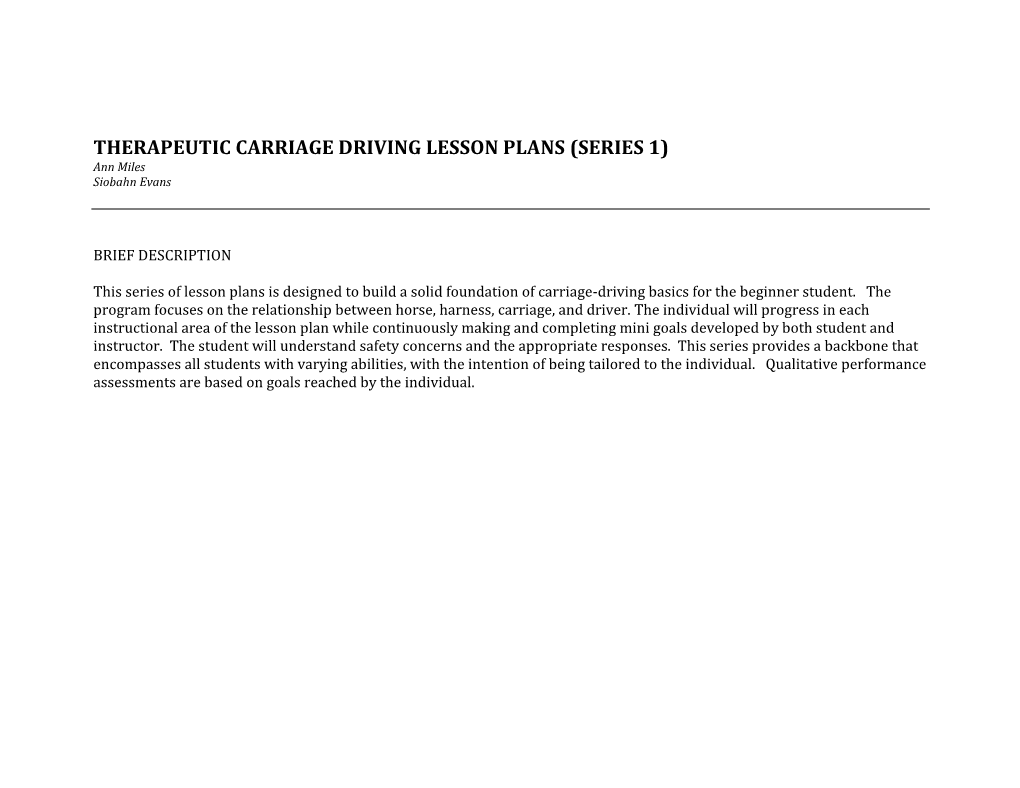 THERAPEUTIC CARRIAGE DRIVING LESSON PLANS (SERIES 1) Ann Miles Siobahn Evans