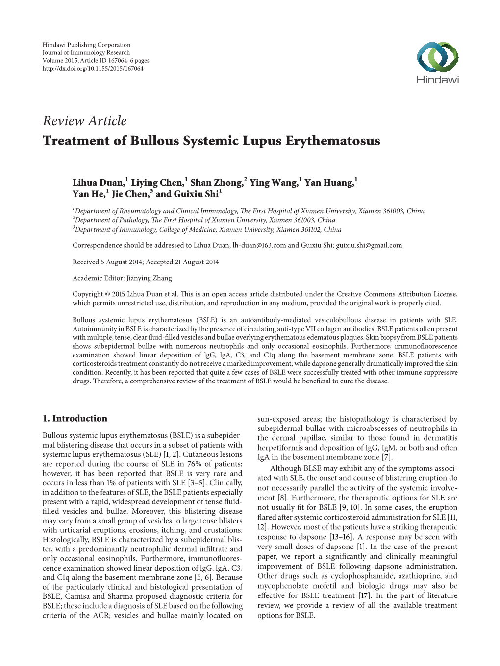 Review Article Treatment of Bullous Systemic Lupus Erythematosus