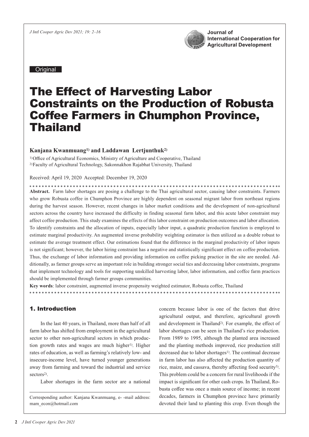 The Effect of Harvesting Labor Constraints on the Production of Robusta Coffee Farmers in Chumphon Province, Thailand
