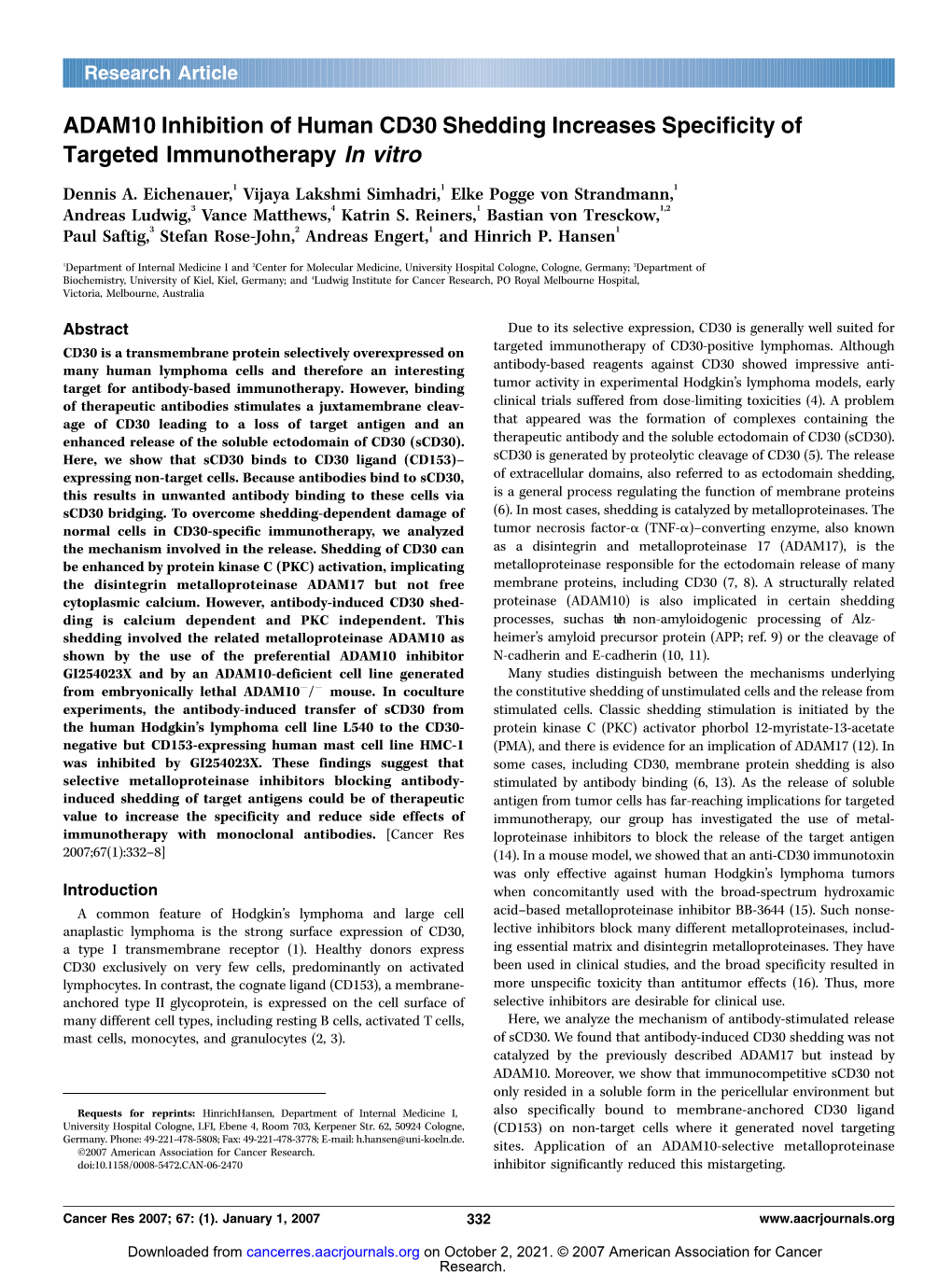 ADAM10 Inhibition of Human CD30 Shedding Increases Specificity of Targeted Immunotherapy in Vitro