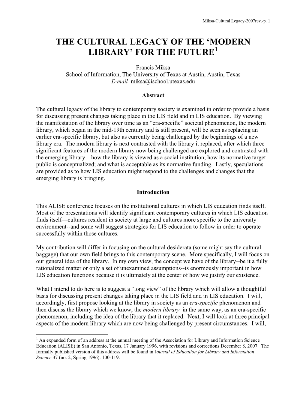 The Cultural Legacy of the 'Modern Library'