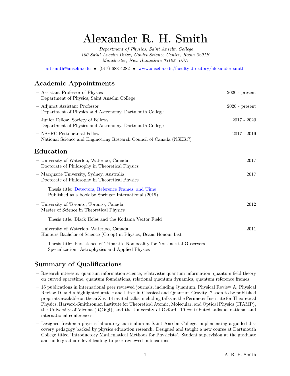 Alexander R. H. Smith: Curriculum Vitae