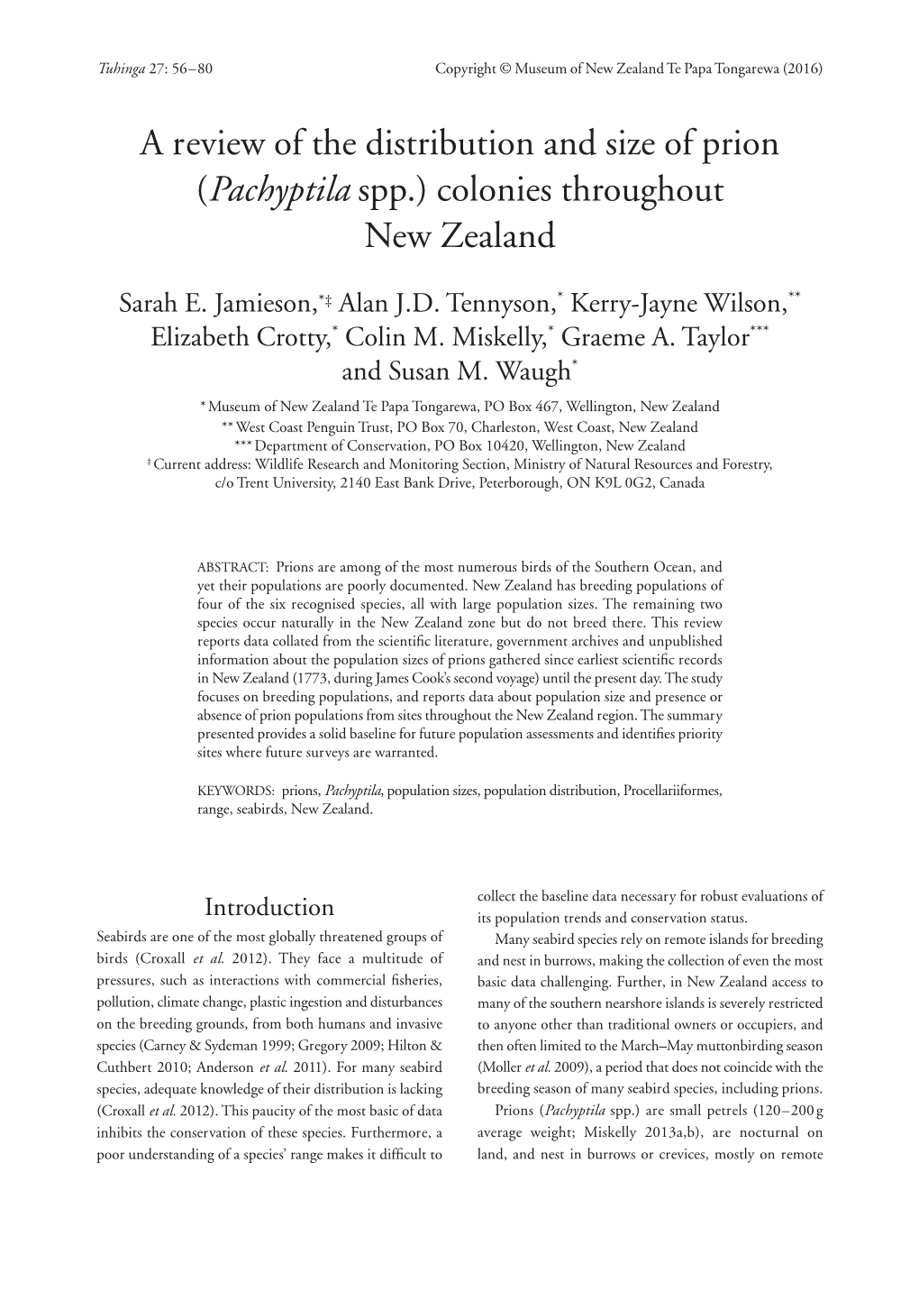 A Review of the Distribution and Size of Prion (Pachyptila Spp.) Colonies Throughout New Zealand